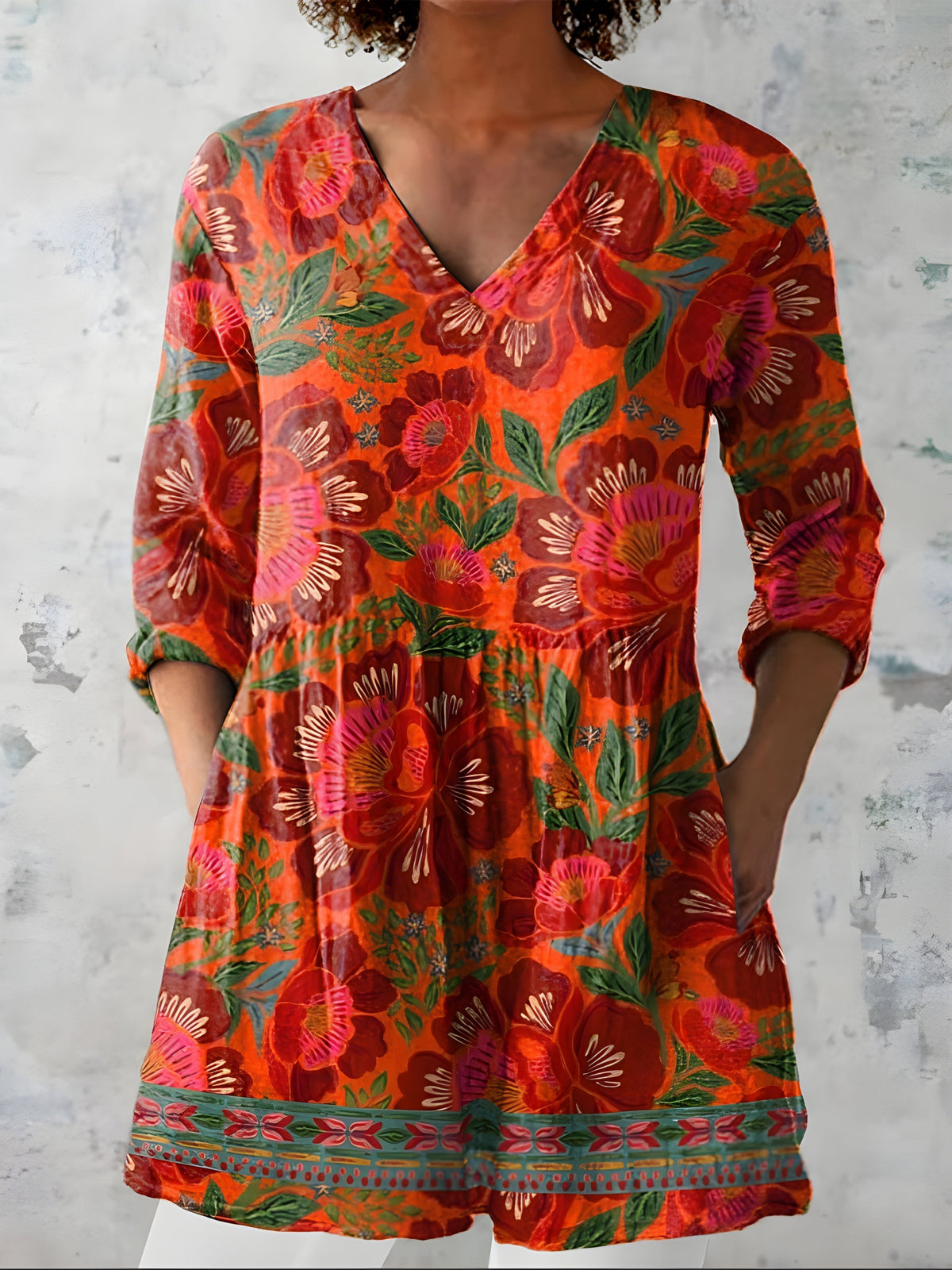 Fiammetta | Blusa Lunga Rosso Arancio a Fiori Grandi