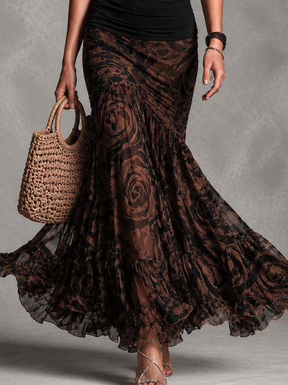 Rossana | Completo Due Pezzi Top Halter Nero e Gonna Maxi in Mesh Rose