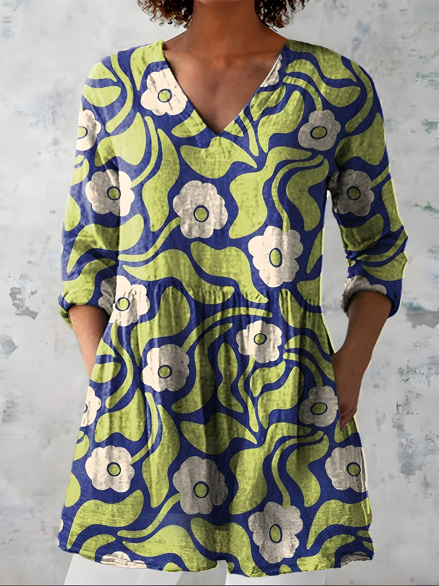 Ondina | Blusa Lunga a Onde Verdi e Blu con Fiori Bianchi