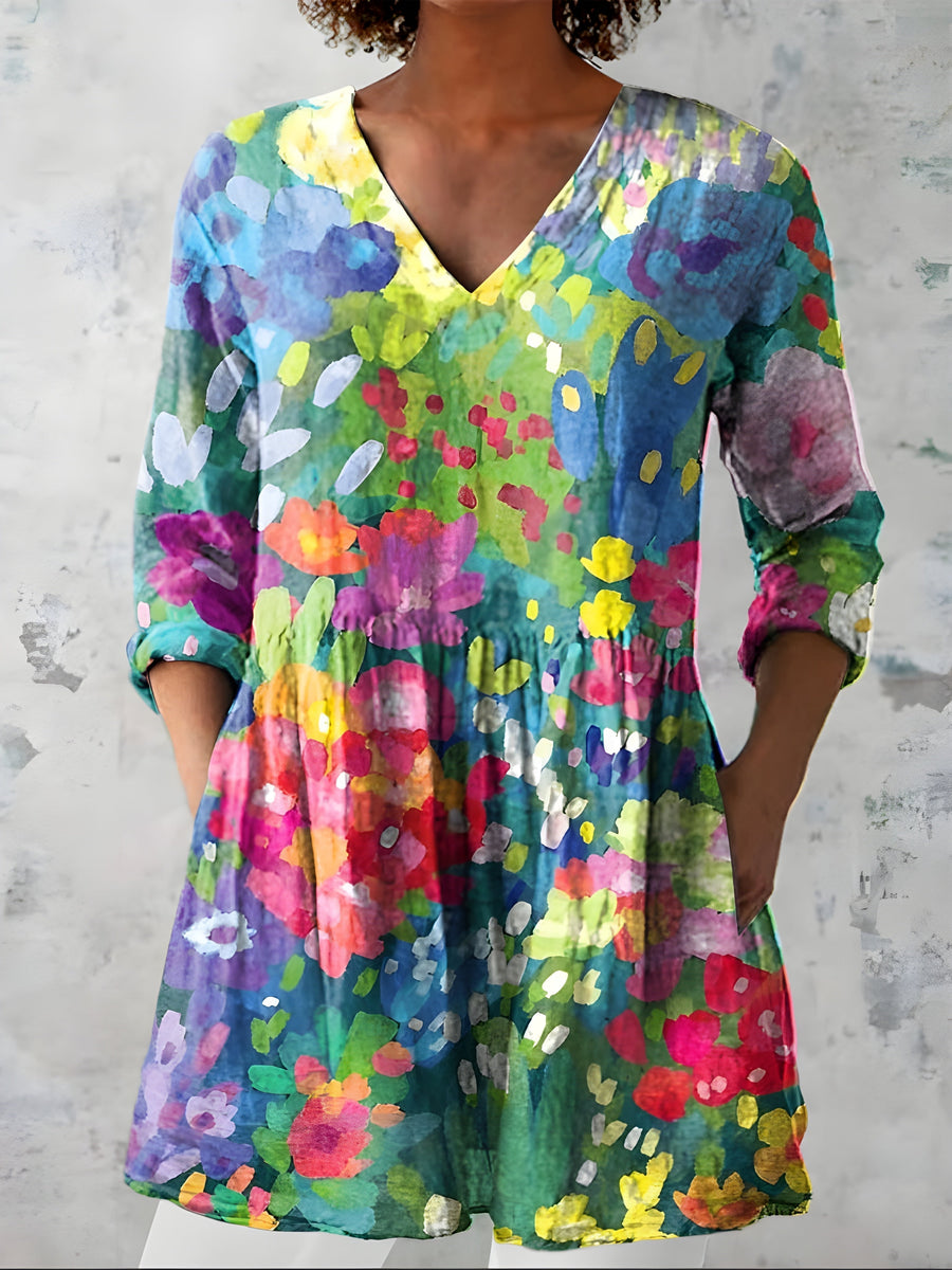 Fioretta | Blusa Lunga a Fiori Dipinti Multicolore