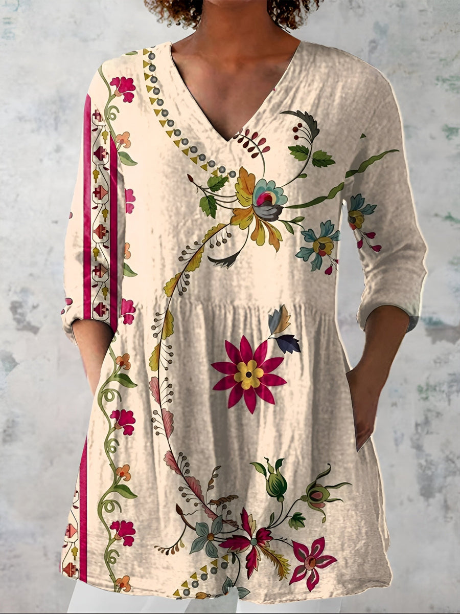Rosaria | Blusa Lunga Beige con Rami Fioriti