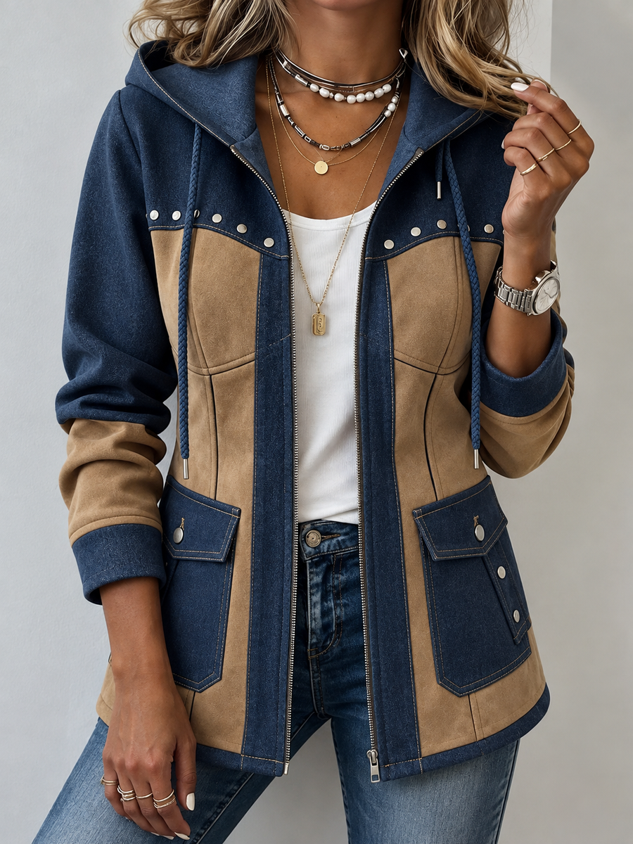 Clara | Giacca Bicolore con Cappuccio in Blu Navy e Cammello