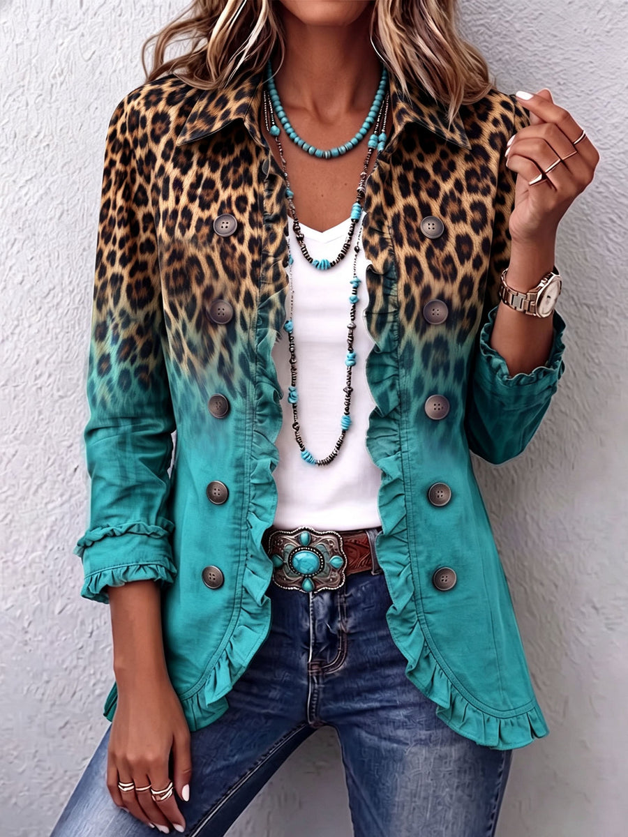 Clara | Blazer Leopardo Sfumato Turchese con Volant
