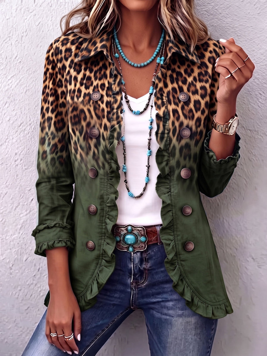 Clara | Blazer Leopardo Sfumato Verde Oliva con Volant